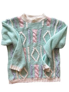 Vintage Croquet Club Ramie Cable Knit Sweater Medium Pastel Chunky 90s